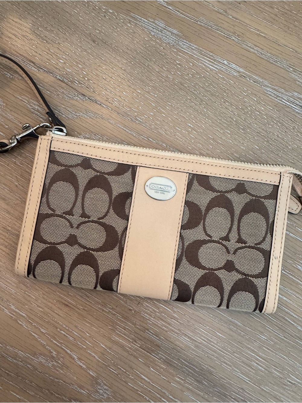 Coach Brown Signature Canvas Wristlet with Tan Trim